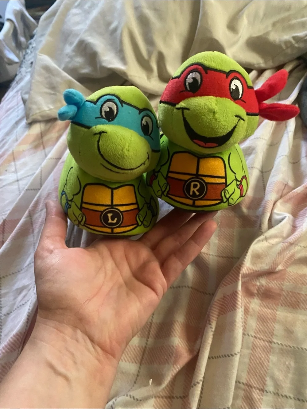 Kids Plush Turtle Slippers - Green with Blue and Red Masks